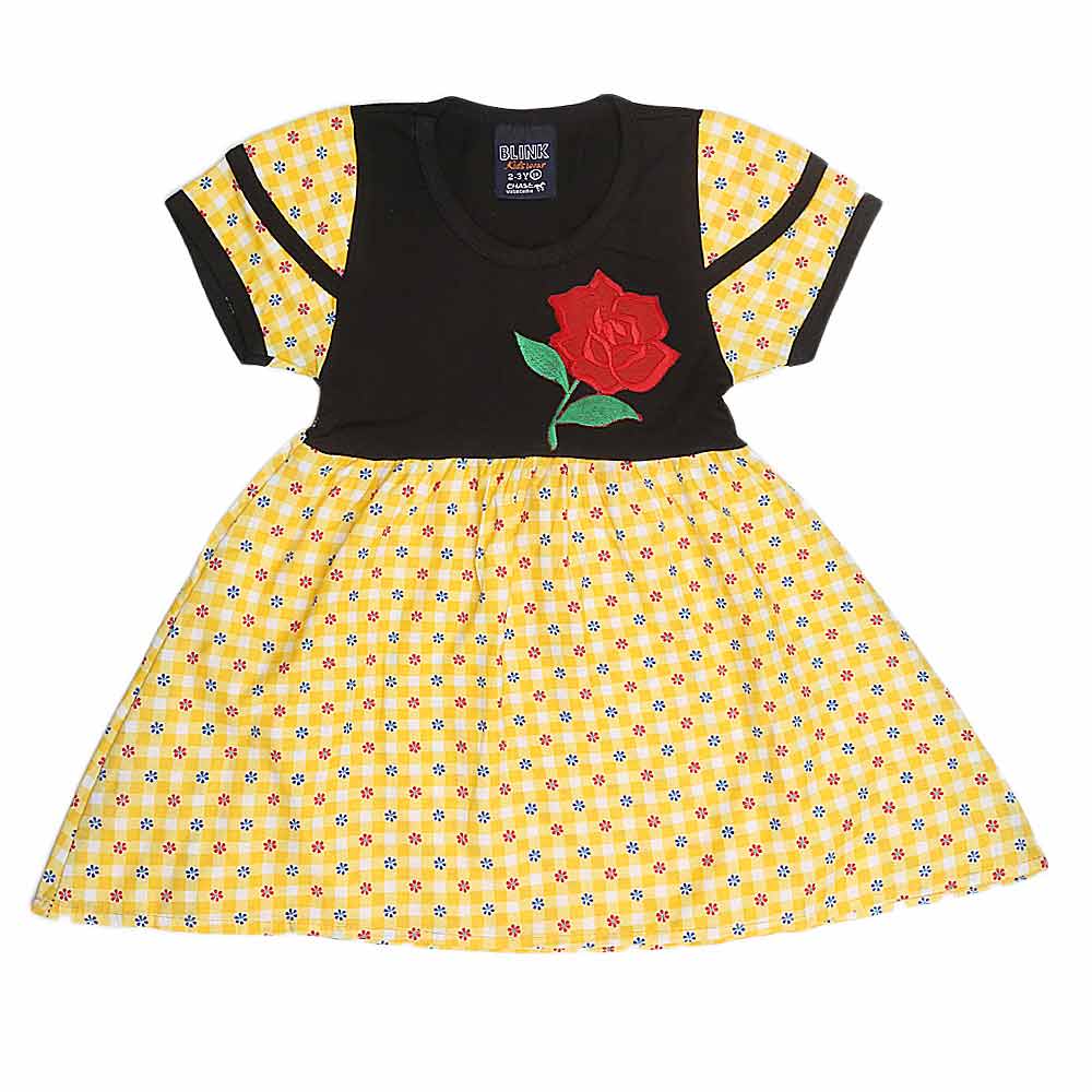 Girls Half Sleeve Fancy Frock - Yellow - test-store-for-chase-value