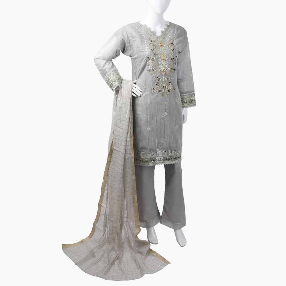 Women's Fancy 3Pcs Suit - Grey, Women Shalwar Suits, Chase Value, Chase Value