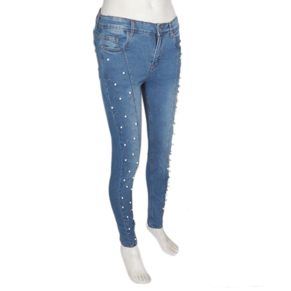 Women's Pearls Denim Pant - Mid Blue, Women, Pants & Tights, Chase Value, Chase Value