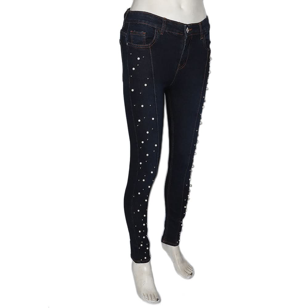 Women's Pearls Denim Pant - Dark Blue, Women, Pants & Tights, Chase Value, Chase Value