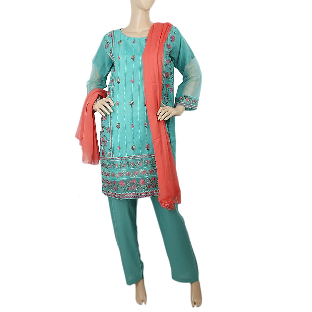 Women's Organza Check Fancy 3 Pcs Suit - Cyan, Women, Shalwar Suits, Chase Value, Chase Value