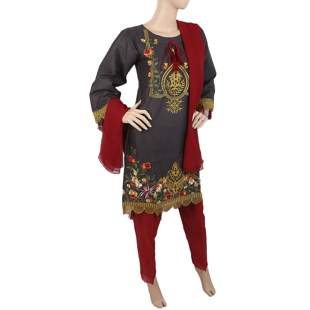 Women's Embroidered 3Pcs Suit With Front Doori - Grey, Women, Shalwar Suits, Chase Value, Chase Value