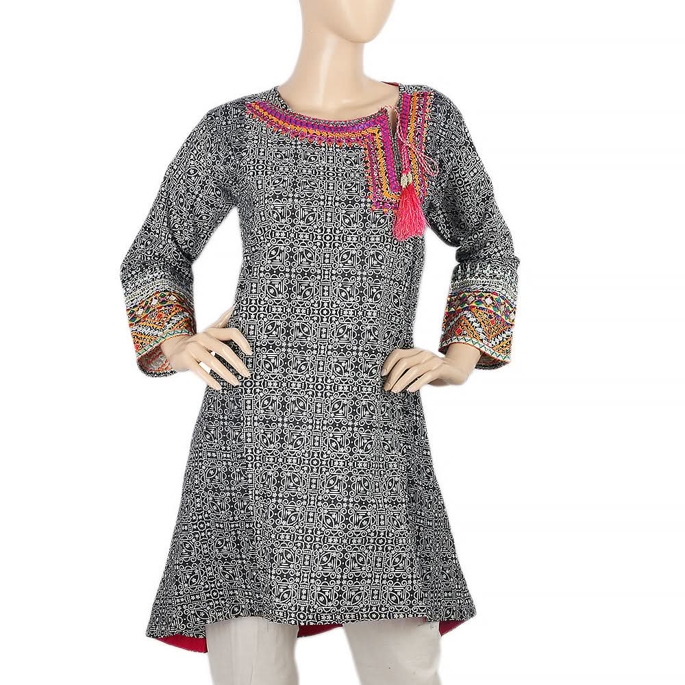 Women's Printed Embroidered Kurti - Black, Women, Ready Kurtis, Chase Value, Chase Value