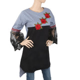 Women's Check Embroidered Kurti With Net Sleeve - Blue, Women, Ready Kurtis, Chase Value, Chase Value