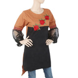 Women's Check Embroidered Kurti With Net Sleeve - Rust, Women, Ready Kurtis, Chase Value, Chase Value