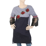 Women's Check Embroidered Kurti With Net Sleeve - Navy Blue, Women, Ready Kurtis, Chase Value, Chase Value