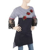 Women's Check Embroidered Kurti With Net Sleeve - Navy Blue, Women, Ready Kurtis, Chase Value, Chase Value