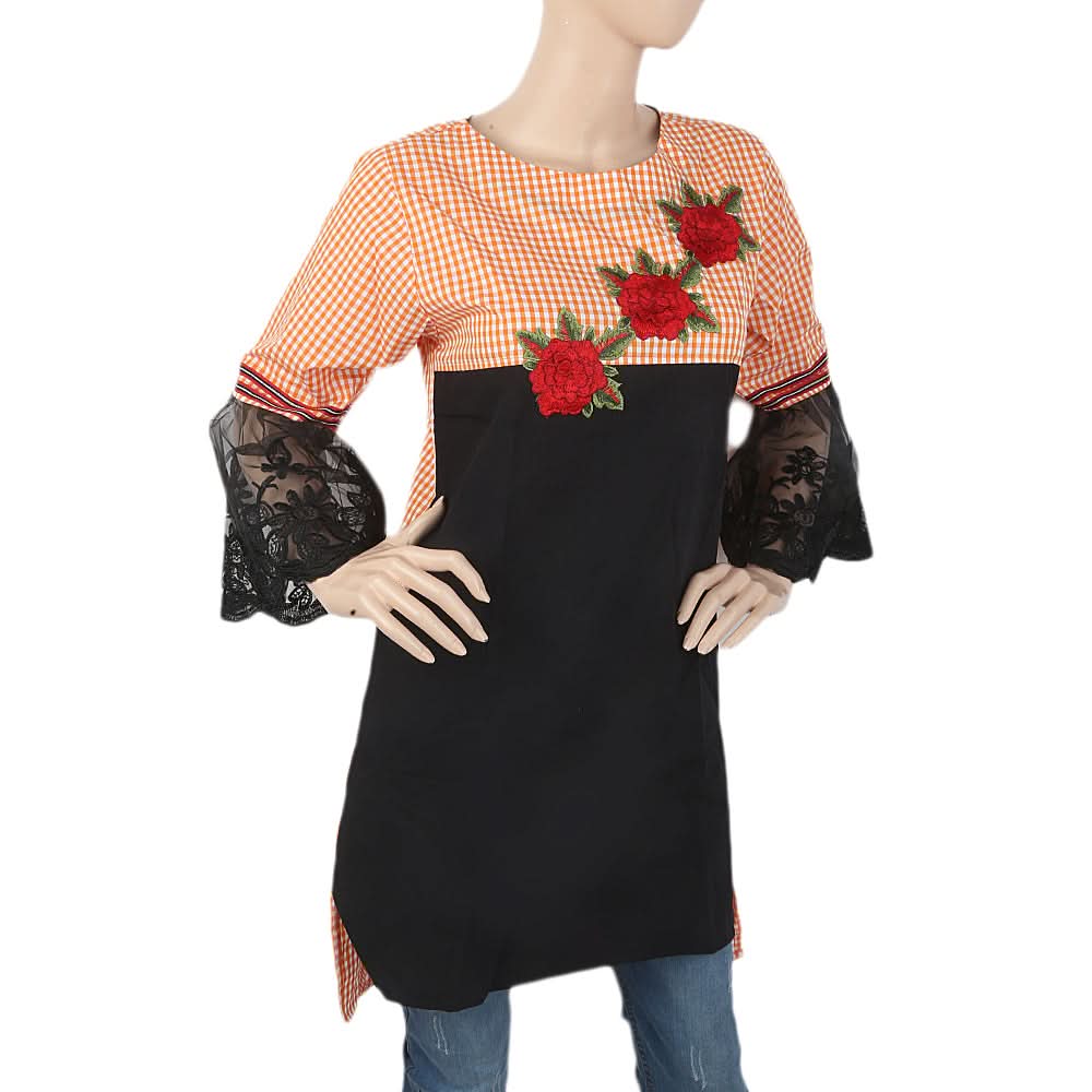 Women's Check Embroidered Kurti With Net Sleeve - Orange, Women, Ready Kurtis, Chase Value, Chase Value