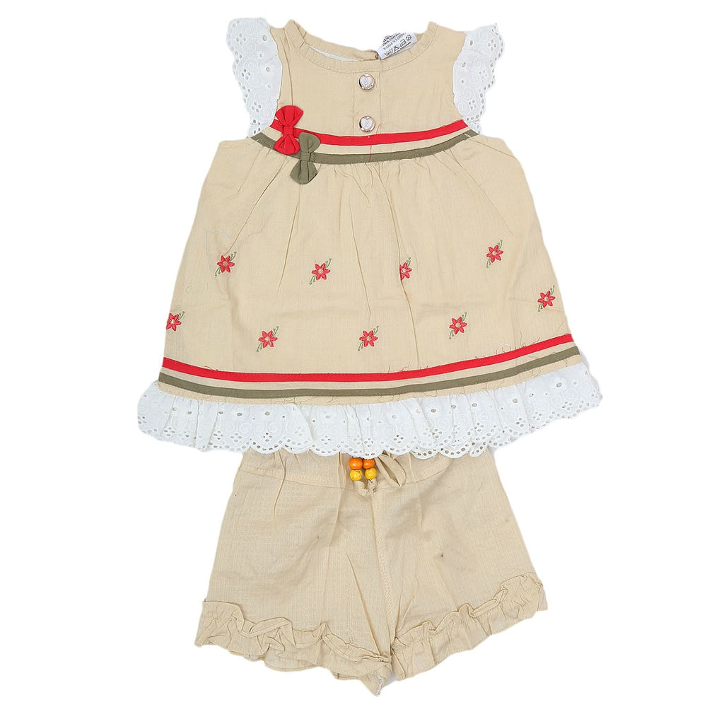 Newborn Girls Half Sleeves Short Suit - Beige, Kids, Newborn Girls Sets And Suits, Chase Value, Chase Value