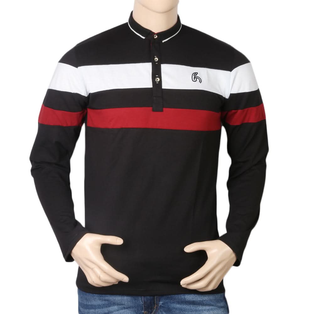 Men's Full Sleeves Sherwani Collor T-Shirt - Black, Men, T-Shirts And Polos, Chase Value, Chase Value