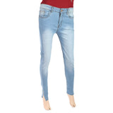Women's Denim Pant With Bottom Slit Pearls - Mid Blue, Women, Pants & Tights, Chase Value, Chase Value