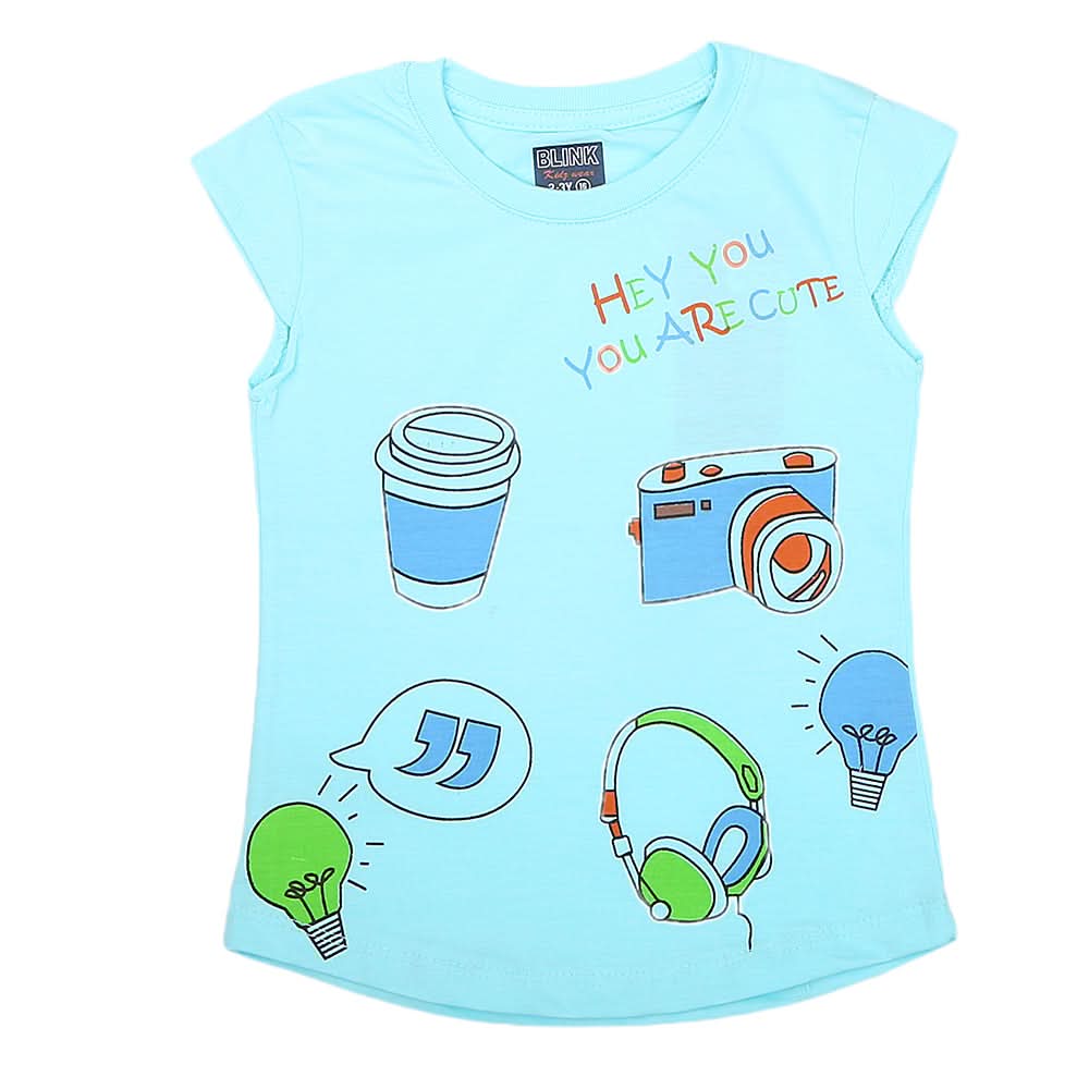 Girls Half Sleeves Printed T-Shirt 4709 16-24 - Cyan, Kids, Girls T-Shirts, Chase Value, Chase Value