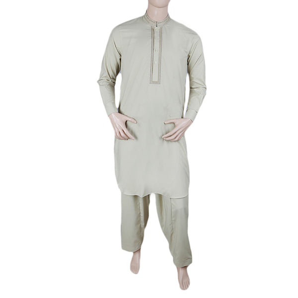 Men's Embroidered Shalwar Kameez Band Collar Light Green Chase Value