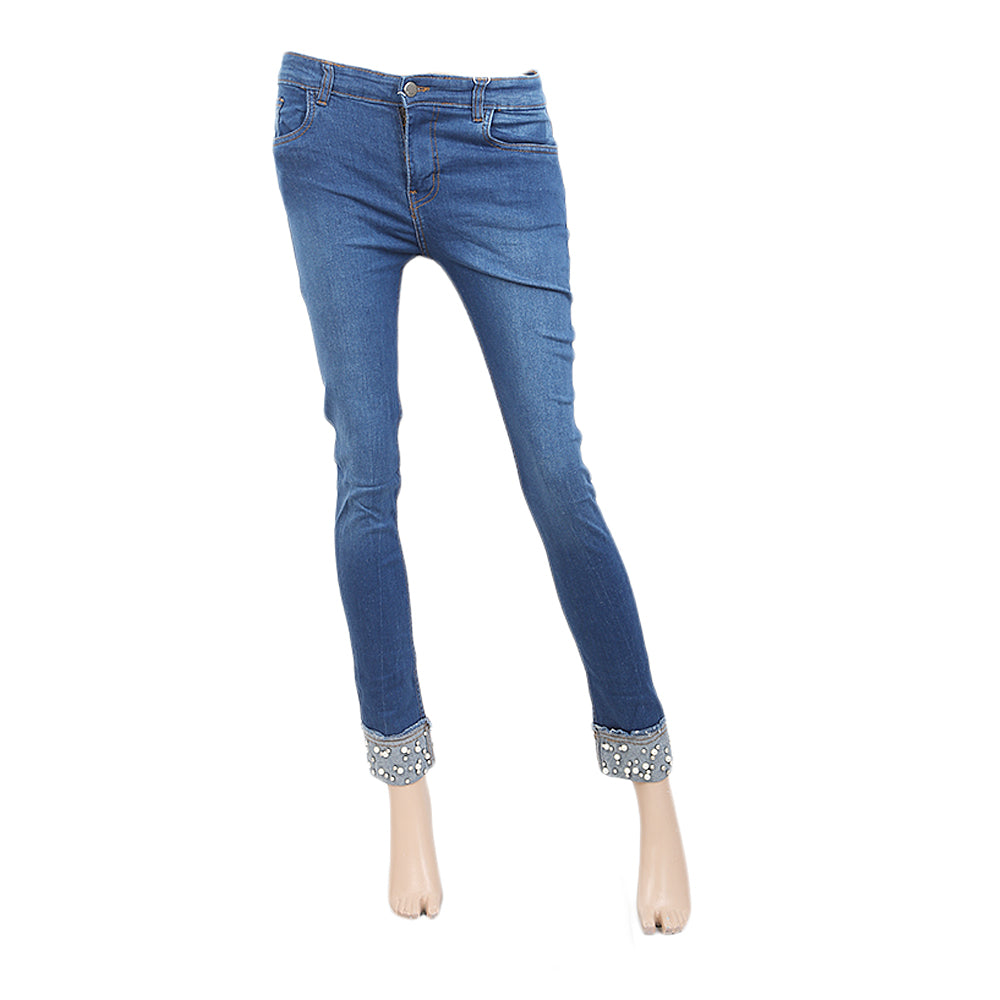 Women's Denim Pant Reverse Pearls Bottom - Blue, Women, Pants & Tights, Chase Value, Chase Value