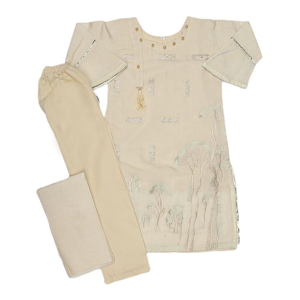 Girls Embroidered Fancy Suit 3 Pcs - Beige, Kids, Girls Sets And Suits, Chase Value, Chase Value