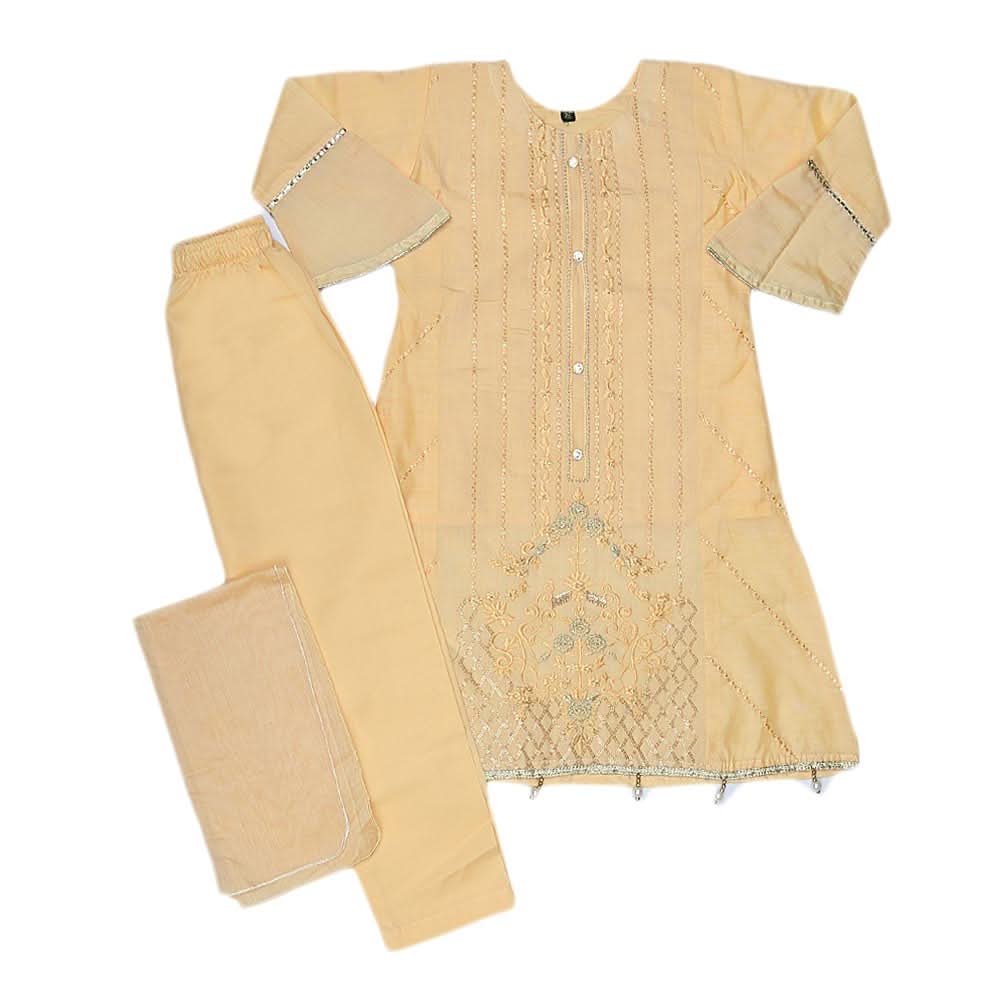Girls Embroidered Fancy Suit 3 Pcs - Golden, Kids, Girls Sets And Suits, Chase Value, Chase Value