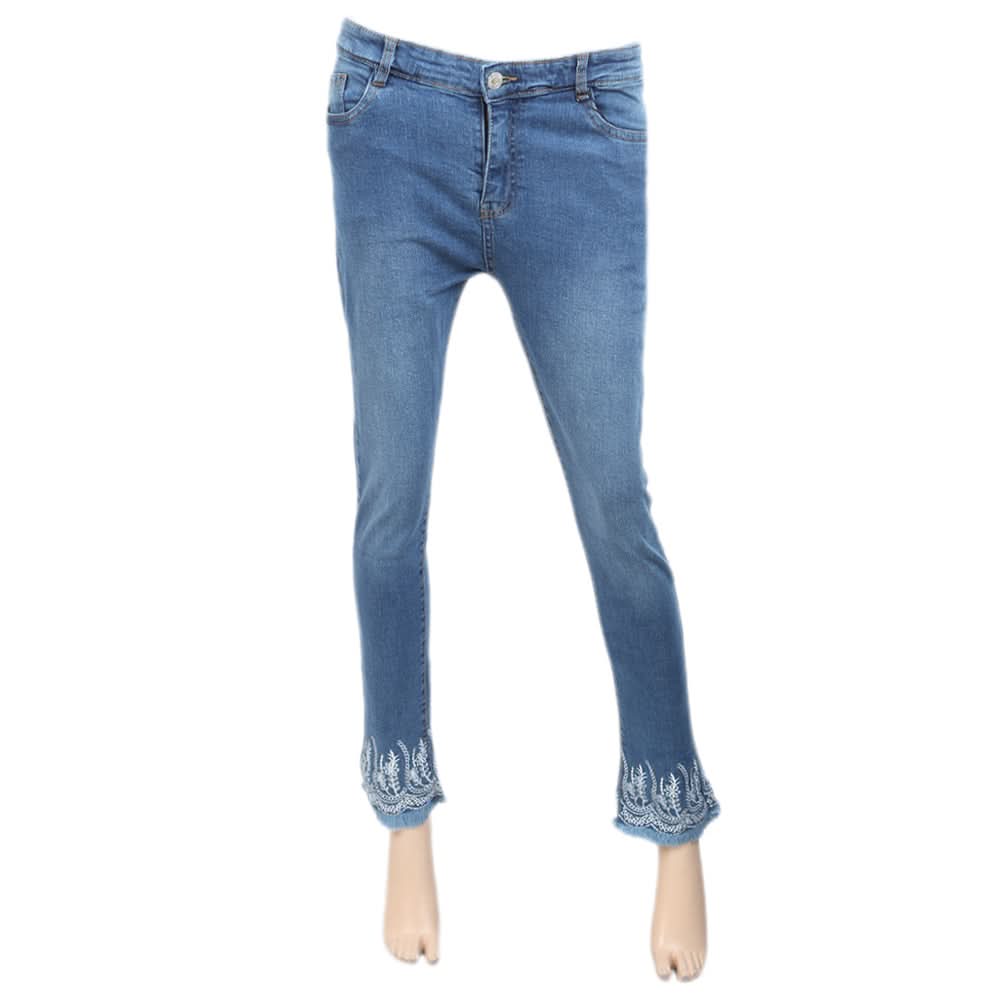 Women's Denim Pant Bottom Embroidered White - Mid Blue, Women, Pants & Tights, Chase Value, Chase Value