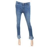Women's Denim Pant Bottom Embroidered White - Mid Blue, Women, Pants & Tights, Chase Value, Chase Value