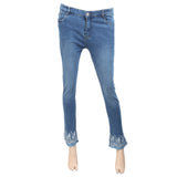 Women's Denim Pant Bottom Embroidered White - Mid Blue, Women, Pants & Tights, Chase Value, Chase Value
