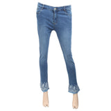 Women's Denim Pant Bottom Embroidered White - Mid Blue, Women, Pants & Tights, Chase Value, Chase Value