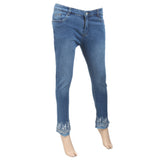 Women's Denim Pant Bottom Embroidered White - Mid Blue, Women, Pants & Tights, Chase Value, Chase Value