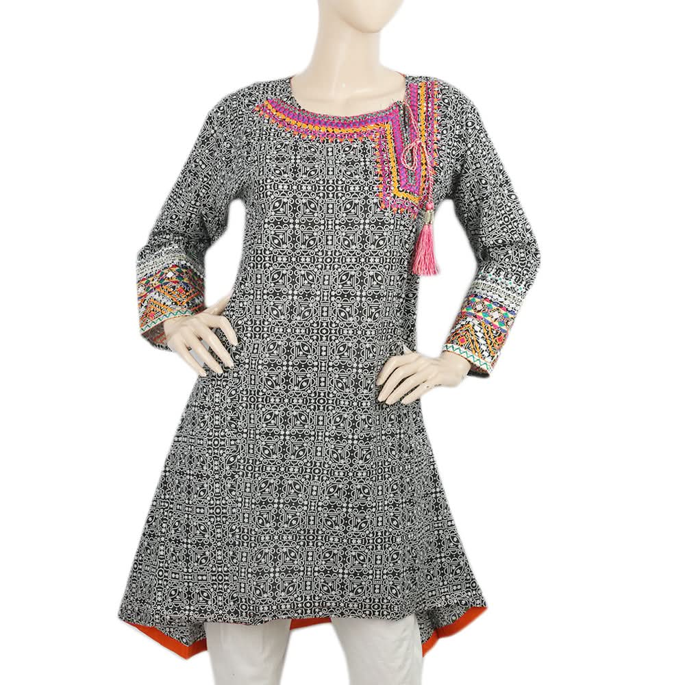 Women's Printed Embroidered Kurti - Black, Women, Ready Kurtis, Chase Value, Chase Value