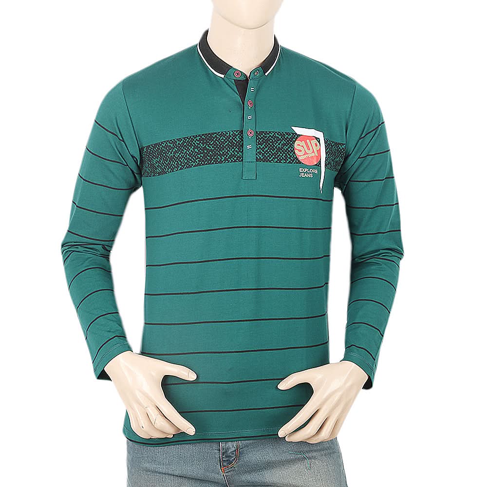 Men's Full Sleeves Sherwani Collar T-Shirt - Dark Green, Men, T-Shirts And Polos, Chase Value, Chase Value
