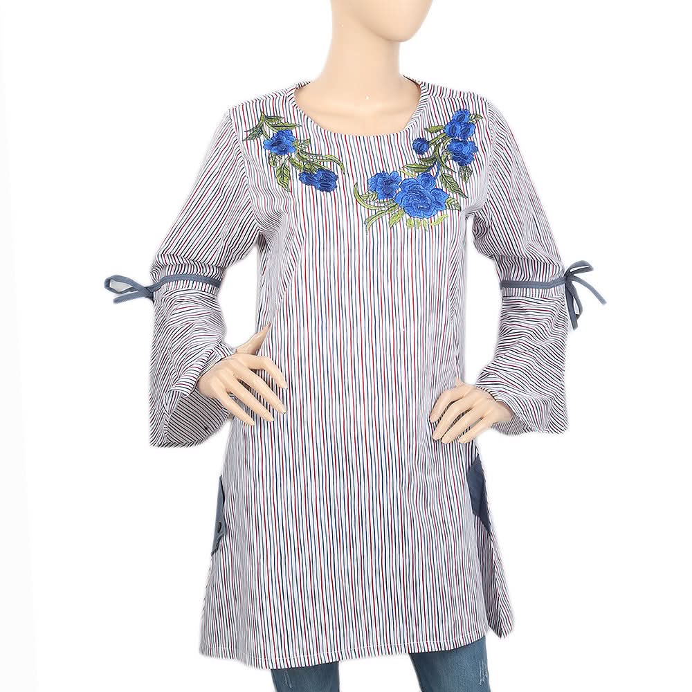 Women's Stripe Embroidered Kurti With Cut Sleeve - Multi, Women, Ready Kurtis, Chase Value, Chase Value