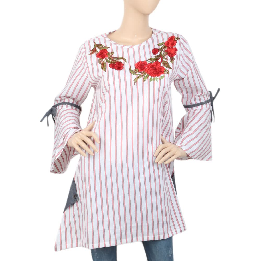 Women's Stripe Embroidered Kurti With Cut Sleeve - Peach, Women, Ready Kurtis, Chase Value, Chase Value
