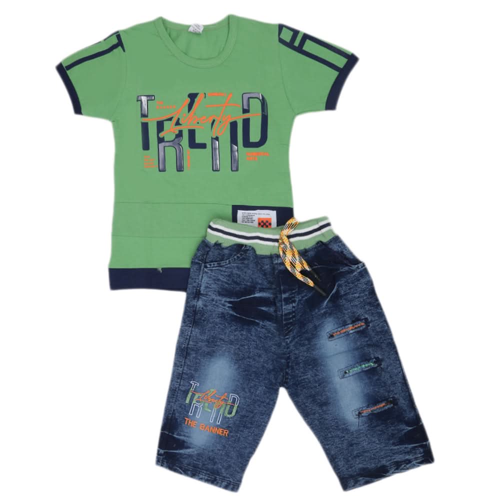 Boys Half Sleeves Denim Suit - Green, Kids, Boys Sets And Suits, Chase Value, Chase Value