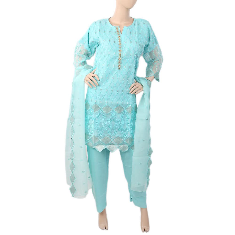 Women's Embroidered Fancy 03 Pcs Suit With Front Patti Stone - Cyan, Women, Shalwar Suits, Chase Value, Chase Value