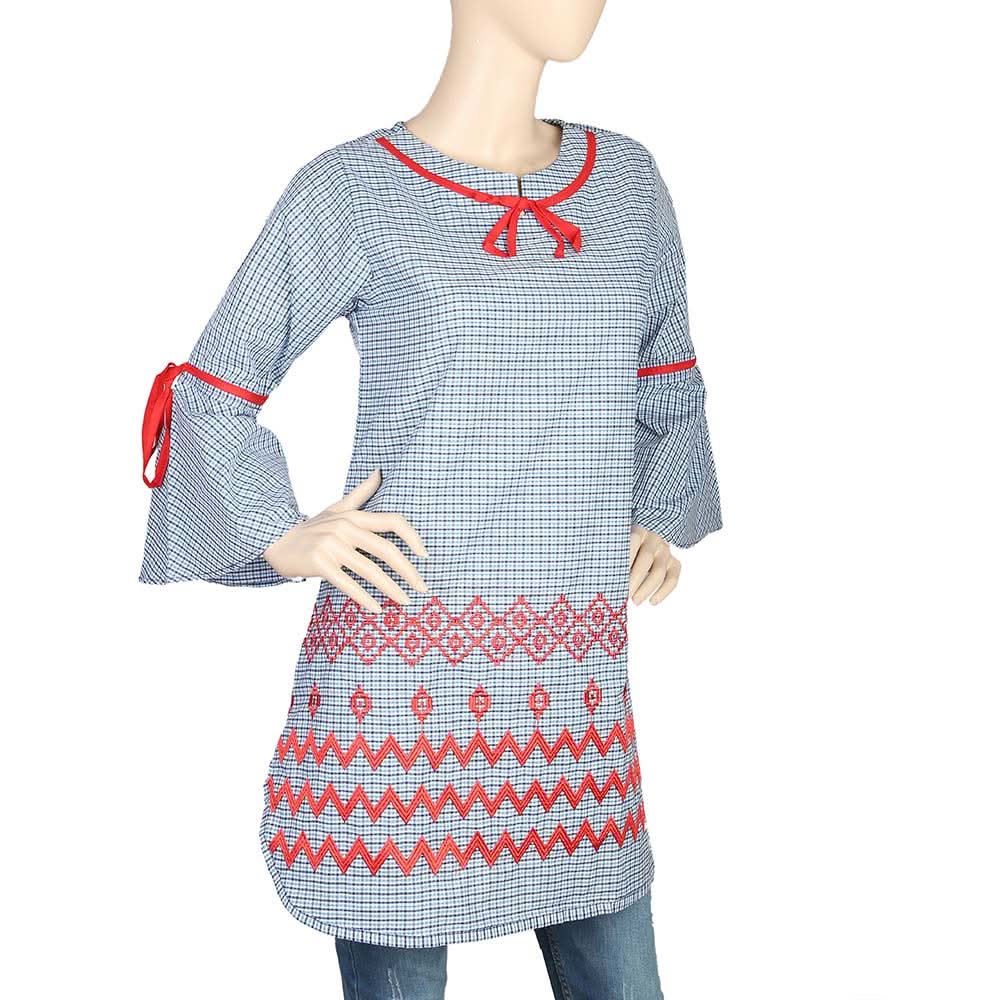 Women's Embroidered Checkered Kurti - Blue, Women, Ready Kurtis, Chase Value, Chase Value
