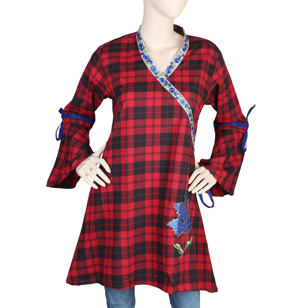 Women's Embroidered Check Kurti - Red, Women, Ready Kurtis, Chase Value, Chase Value