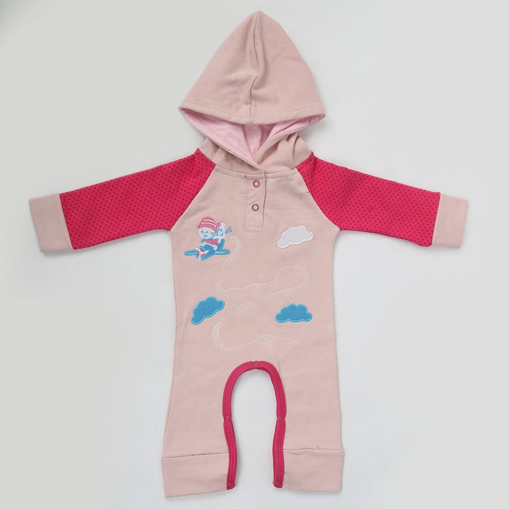 Newborn Unisex Full Sleeves Fleece Hooded Romper - Tea Pink, Kids, NB Boys Rompers, Chase Value, Chase Value