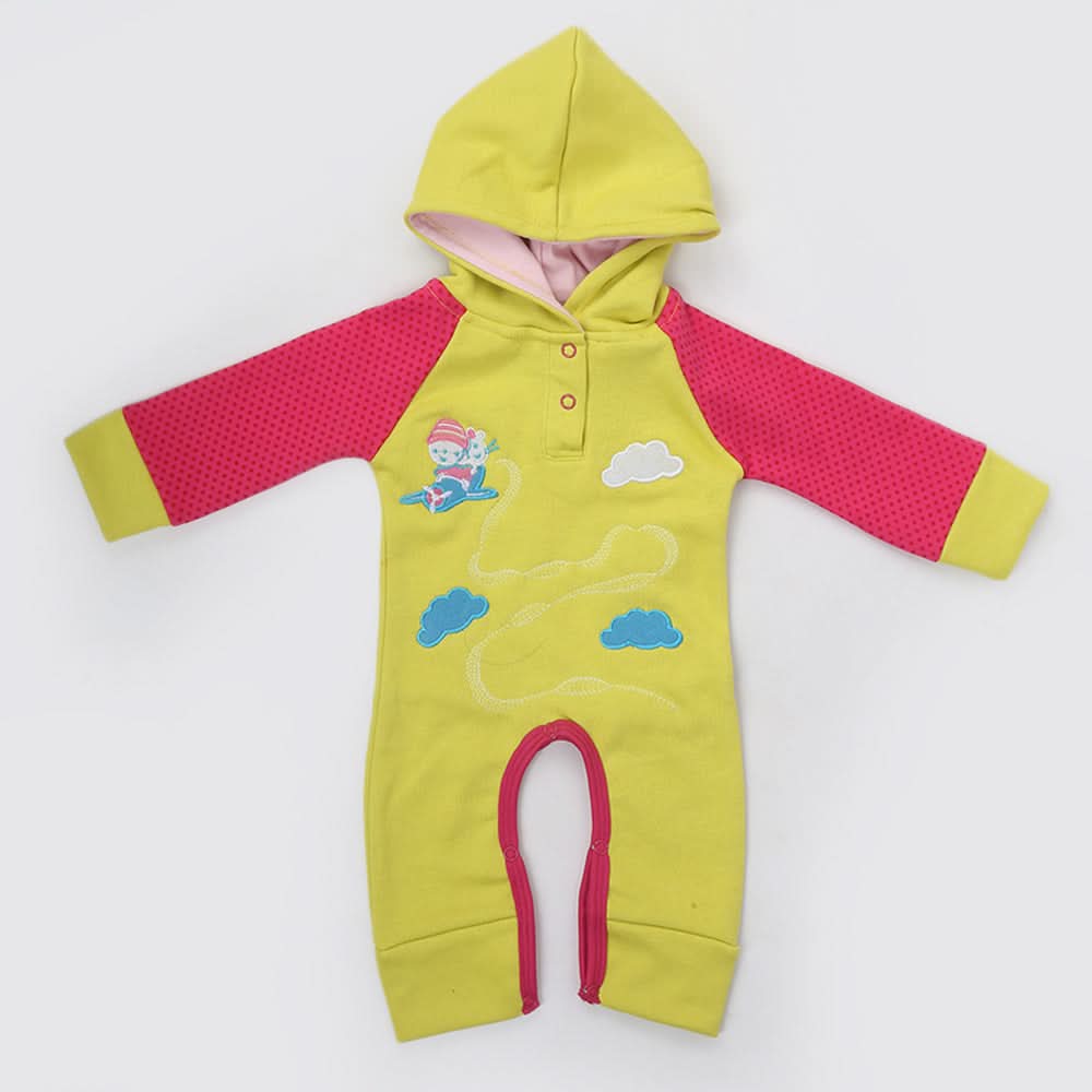 Newborn Unisex Full Sleeves Fleece Hooded Romper - Yellow, Kids, NB Boys Rompers, Chase Value, Chase Value
