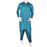 Men's Band Collar Embroidered Shalwar Kameez - Steel Green, Men, Shalwar Kameez, Chase Value, Chase Value