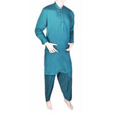 Men's Band Collar Embroidered Shalwar Kameez - Steel Green, Men, Shalwar Kameez, Chase Value, Chase Value
