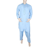 Men's Band Collar Embroidered Shalwar Kameez - Blue, Men, Shalwar Kameez, Chase Value, Chase Value
