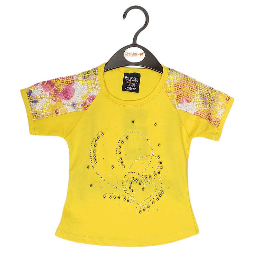 Girls Half Sleeve Fancy T-Shirt - Yellow, Kids, Girls T-Shirts, Chase Value, Chase Value