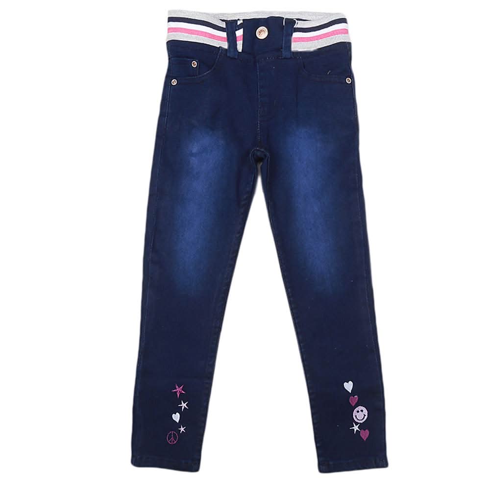 Girls Denim Embroidered Pant - Dark Blue, Kids, Pants And Capri, Chase Value, Chase Value