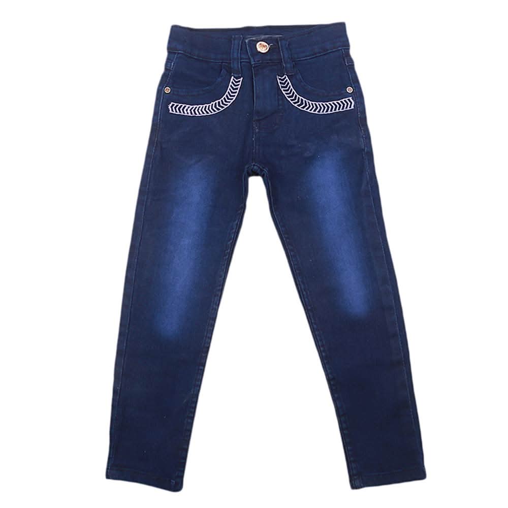 Girls Denim Embroidered Pant - Dark Blue, Kids, Pants And Capri, Chase Value, Chase Value