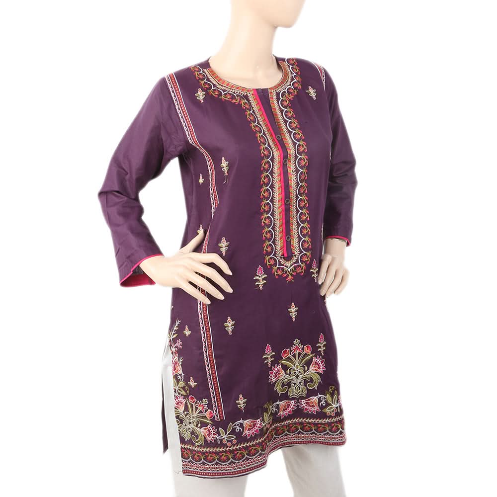 Women's Embroidered V-Neck Kurti - Purple, Women, Ready Kurtis, Chase Value, Chase Value
