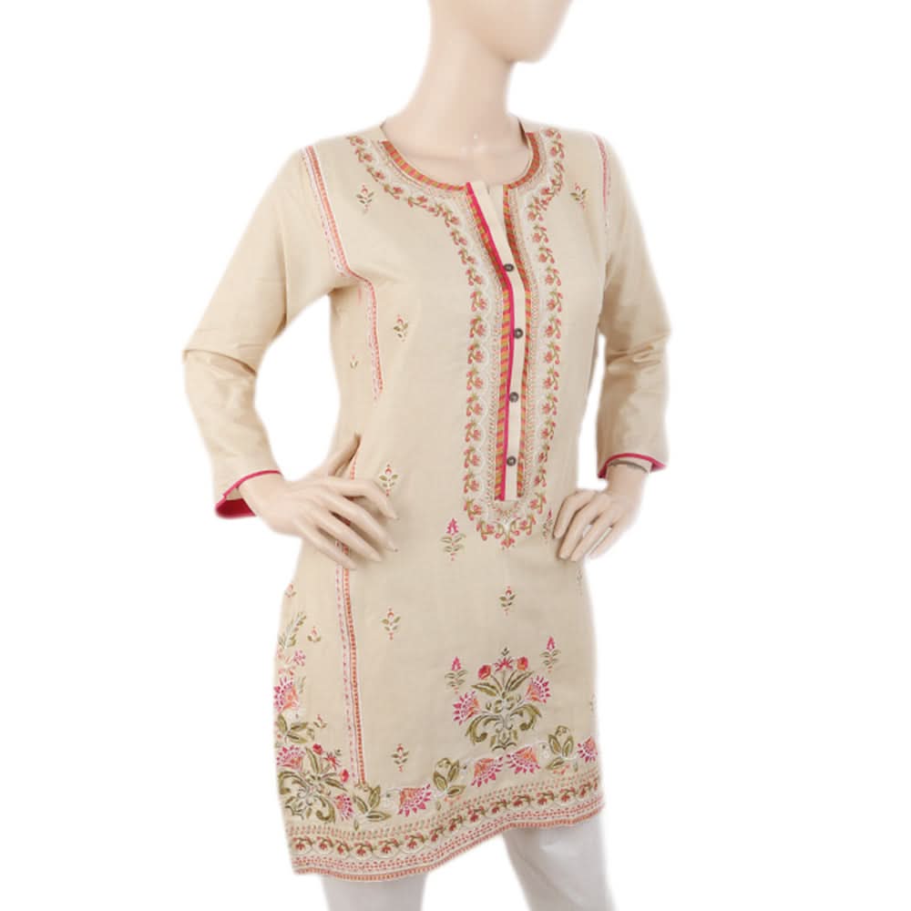 Women's Embroidered V-Neck Kurti - Beige, Women, Ready Kurtis, Chase Value, Chase Value