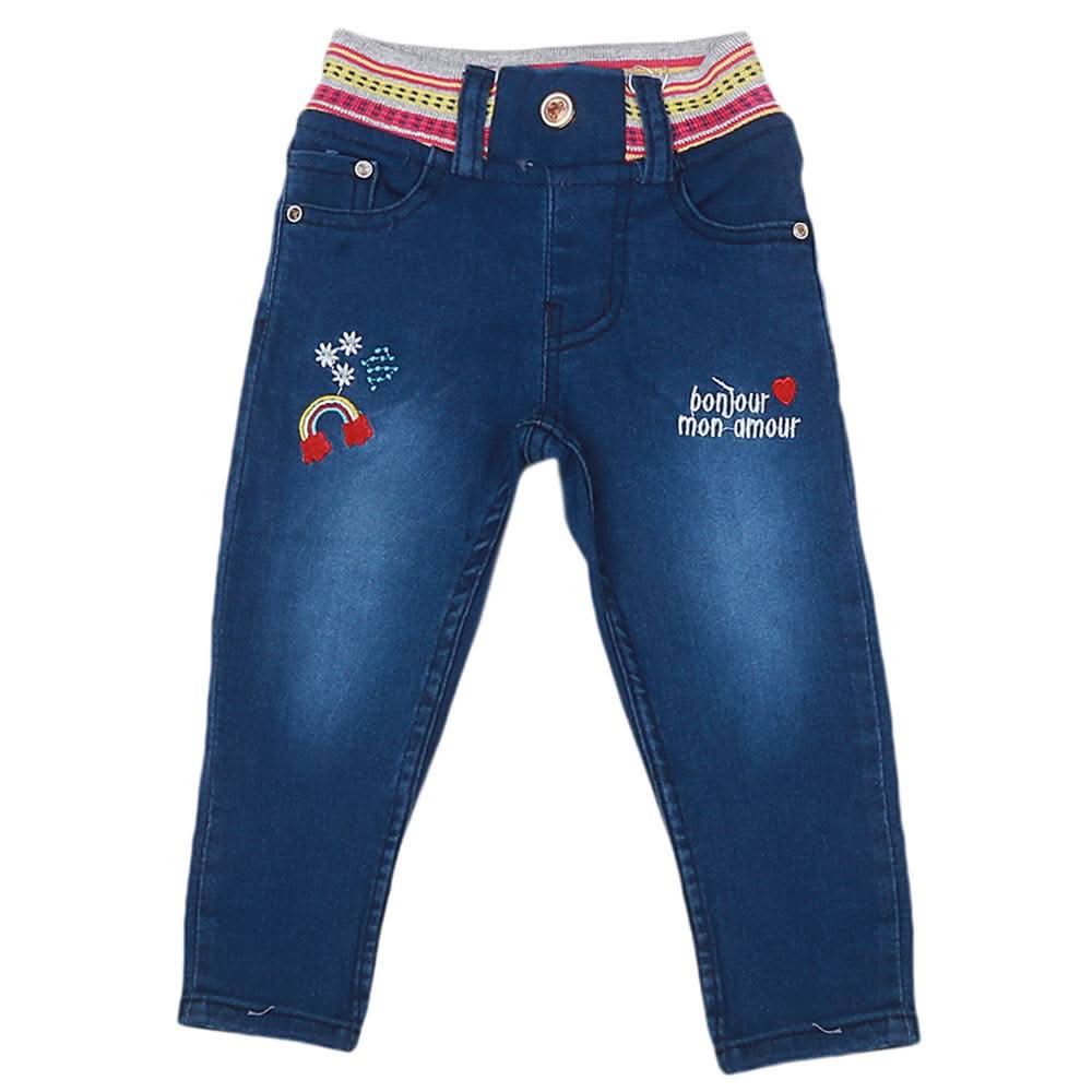 Girls Denim Embroidered Pant - Dark Blue, Kids, Pants And Capri, Chase Value, Chase Value