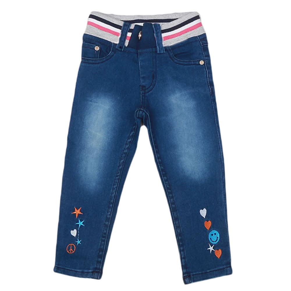 Girls Denim Embroidered Pant - Blue, Kids, Pants And Capri, Chase Value, Chase Value