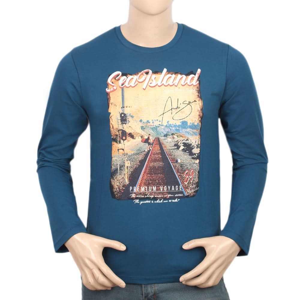 Men's Digital Printed Full Sleeves T-Shirt - Steel Blue, Men, T-Shirts And Polos, Chase Value, Chase Value