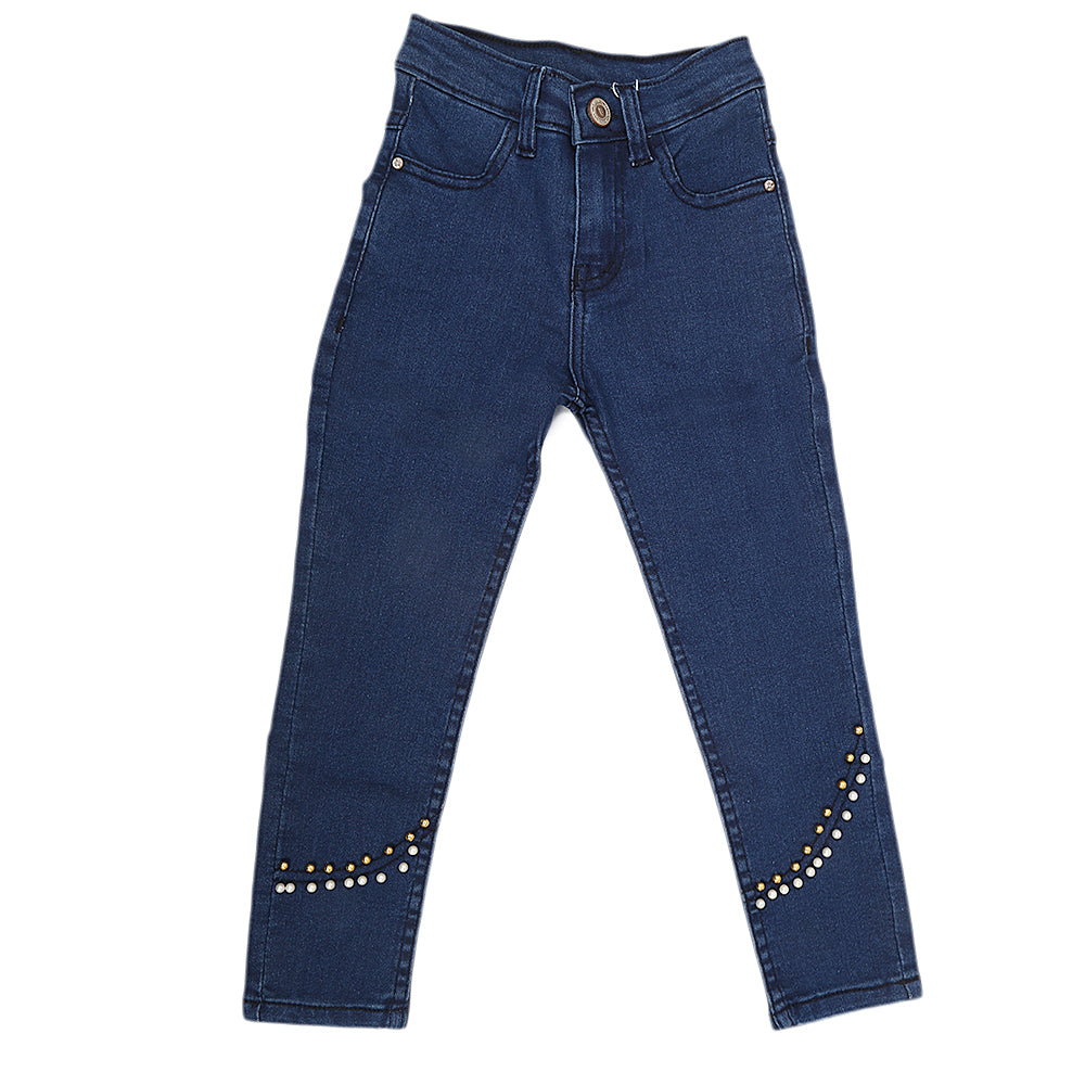 Girls Pearls Denim Pant - Dark Blue, Kids, Girls Pants And Capri, Chase Value, Chase Value