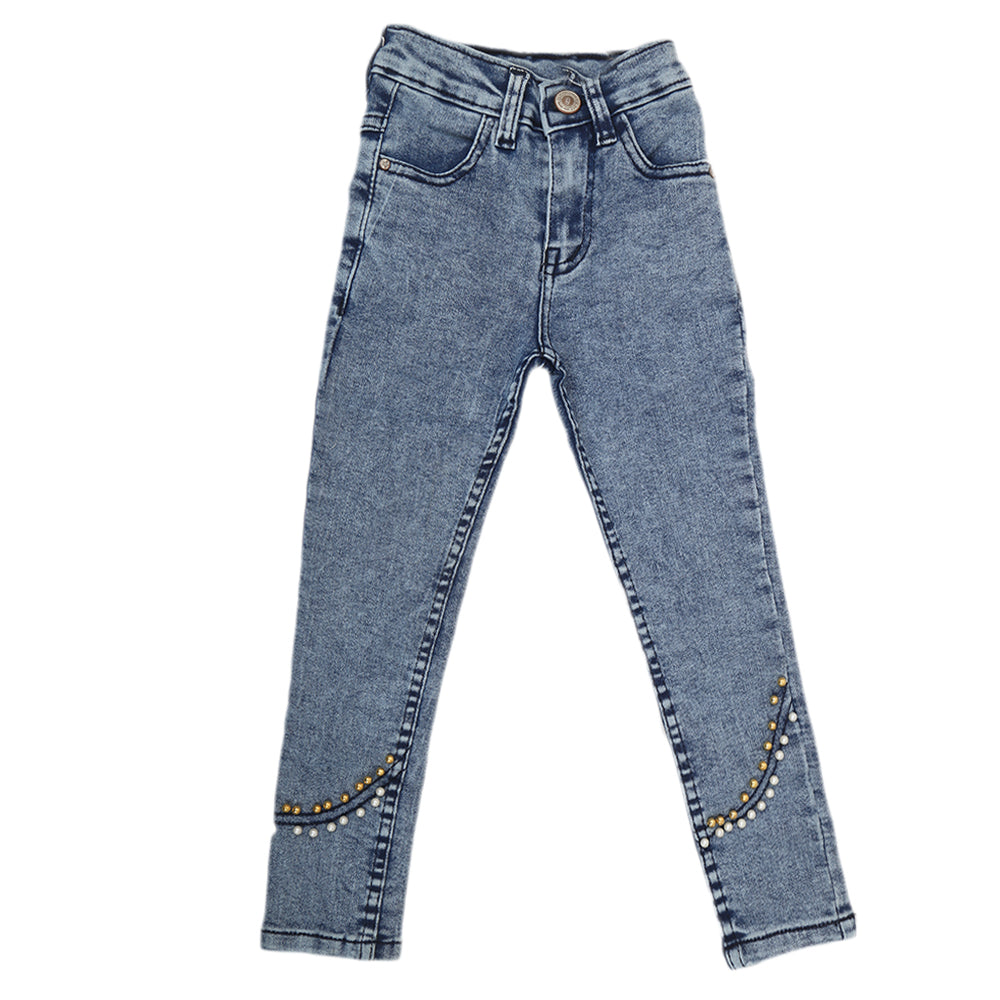 Girls Pearls Denim Pant - Light Blue, Kids, Girls Pants And Capri, Chase Value, Chase Value