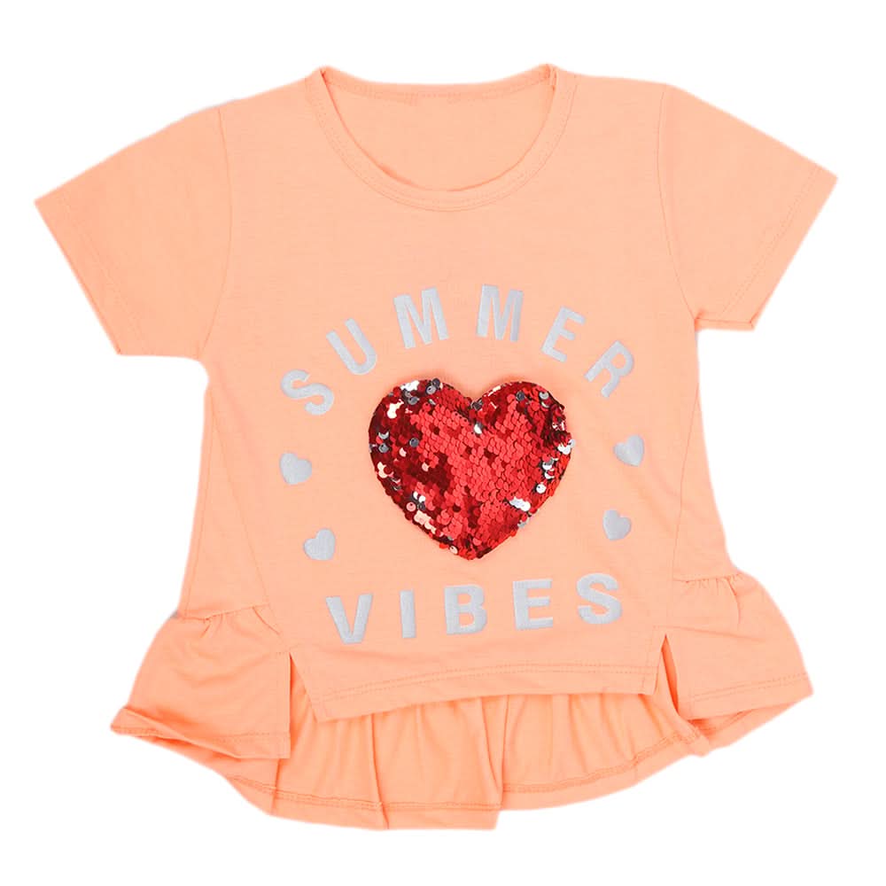 Girls Fancy Embroidered T-Shirt - Peach, Kids, Girls T-Shirts, Chase Value, Chase Value