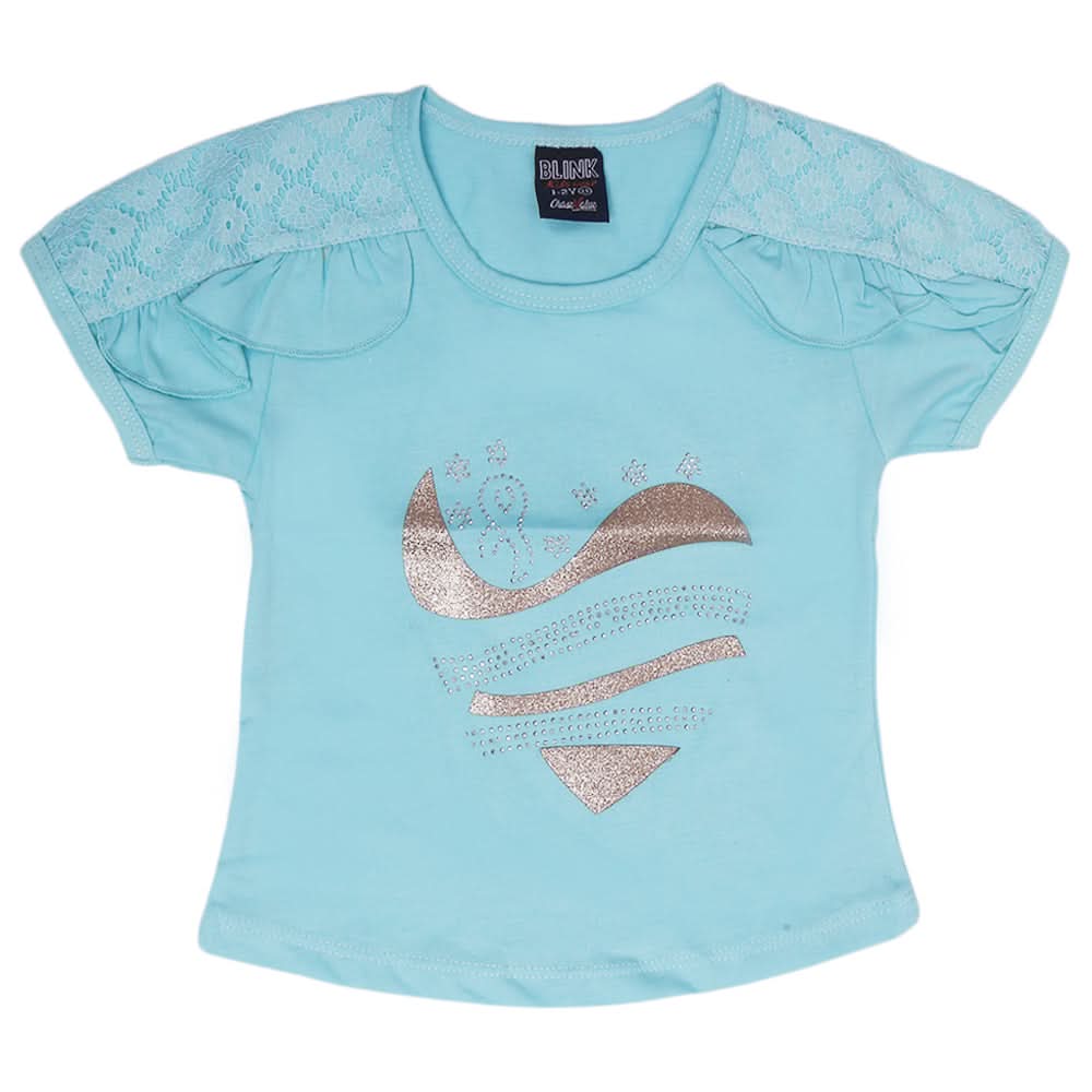 Girls Shoulder Frill & Chest T-Shirt - Cyan, Kids, Girls T-Shirts, Chase Value, Chase Value